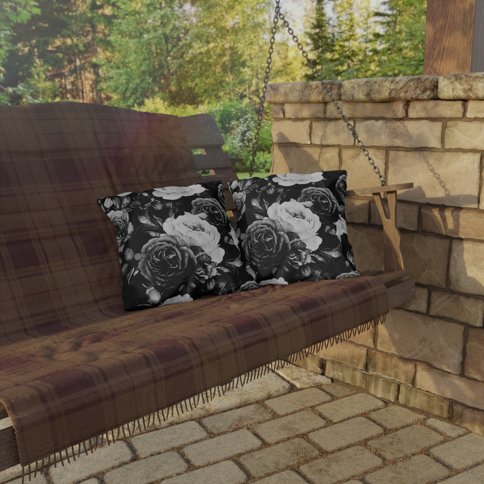 Black & White Floral Outdoor Pillow