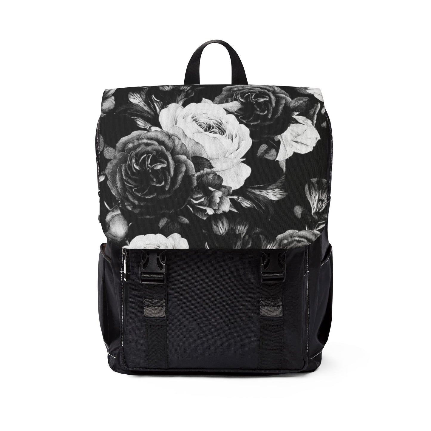 Black & White Unisex Floral Flap Backpack – Modern Style