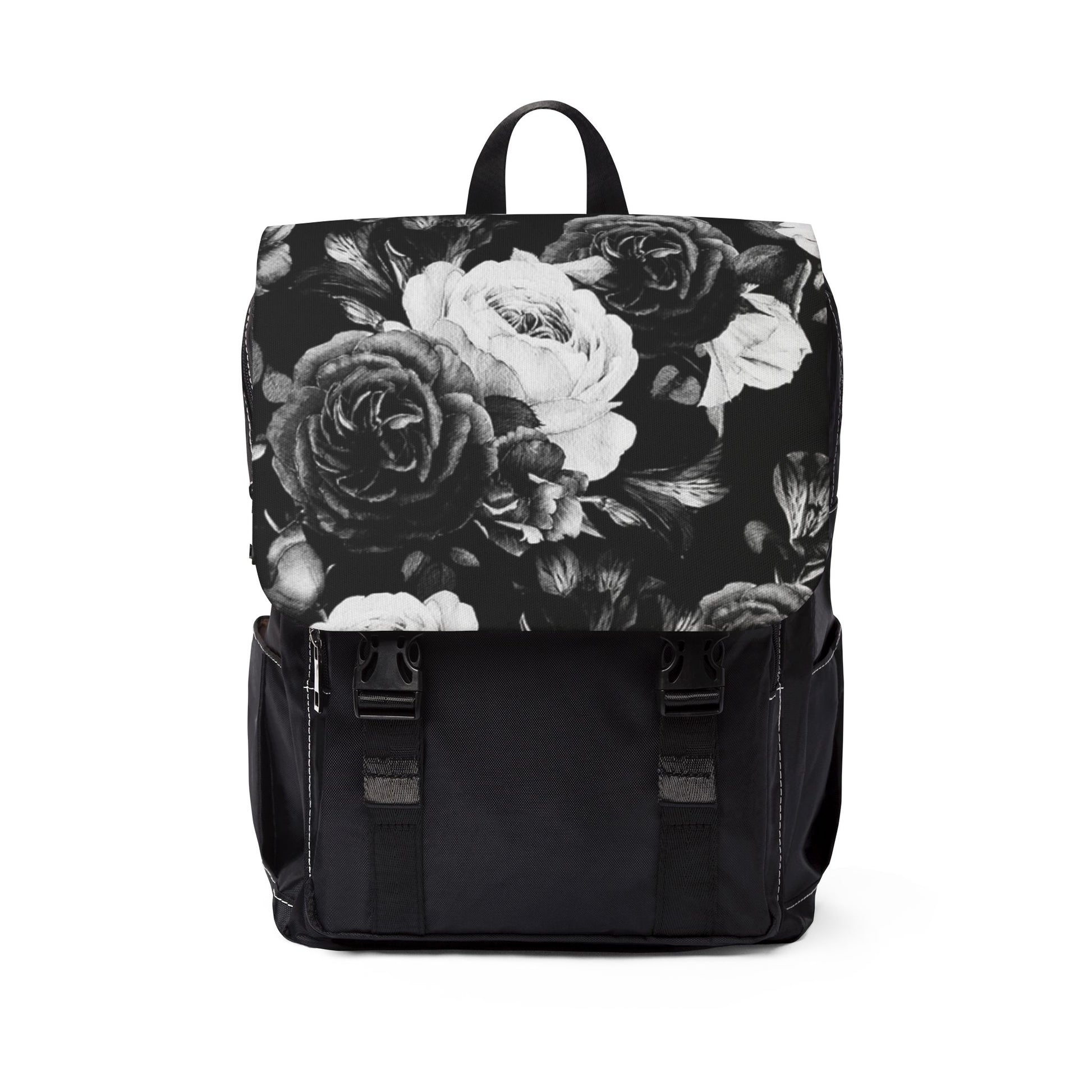 Black & White Unisex Floral Flap Backpack – Modern Style