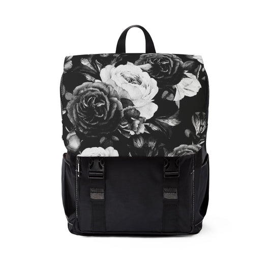 Black & White Unisex Floral Flap Backpack – Modern Style