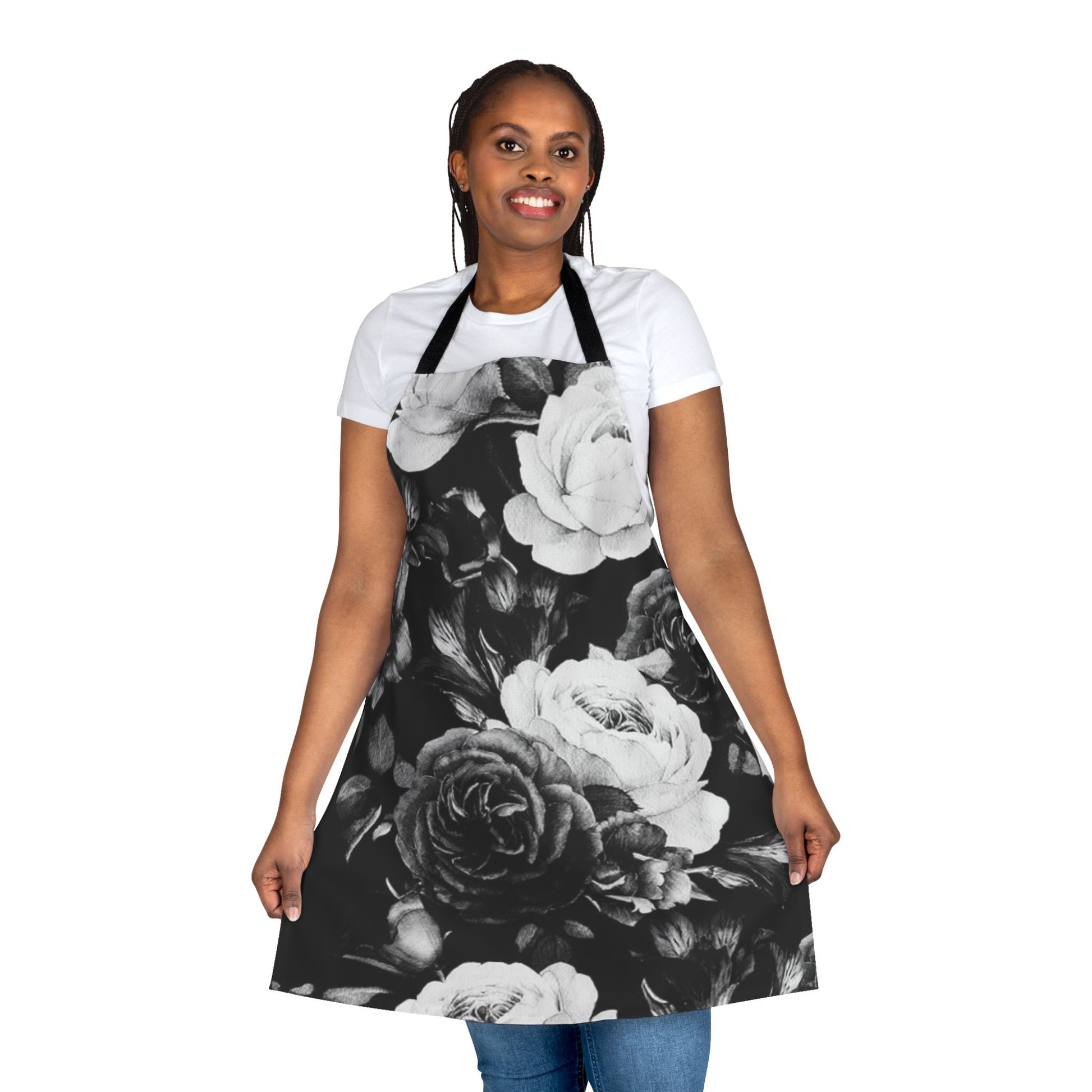 cute floral apron with black and white flower pattern for kitchen use