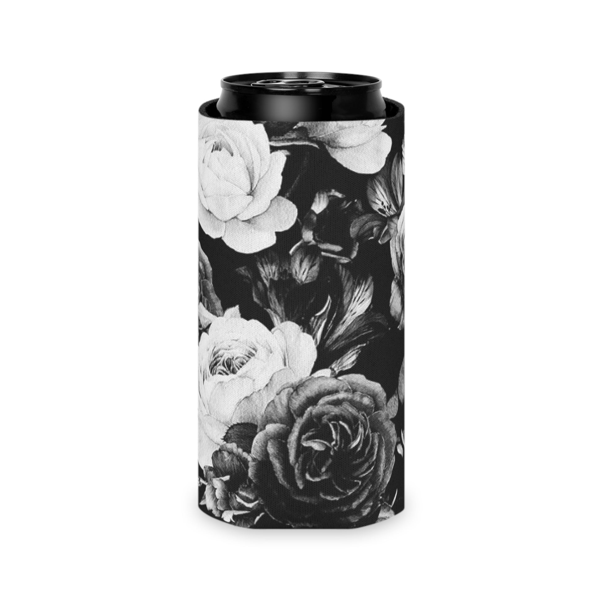 Floral Can Cooler - Black & White Floral Design