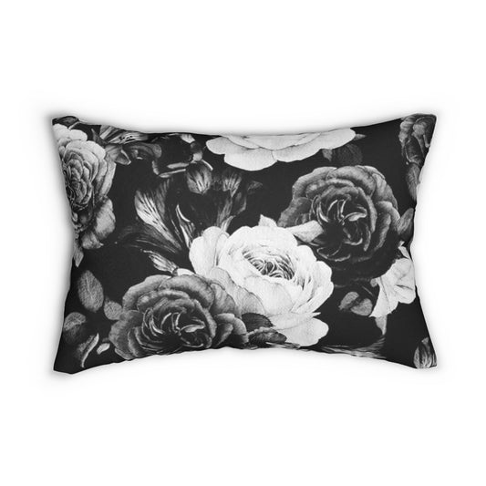 Floral Lumbar Pillow – Black & White Flower Design