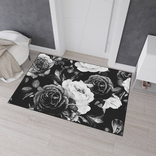 Heavy Duty Floral Floor Mat Black & White | Durable Rug for Home