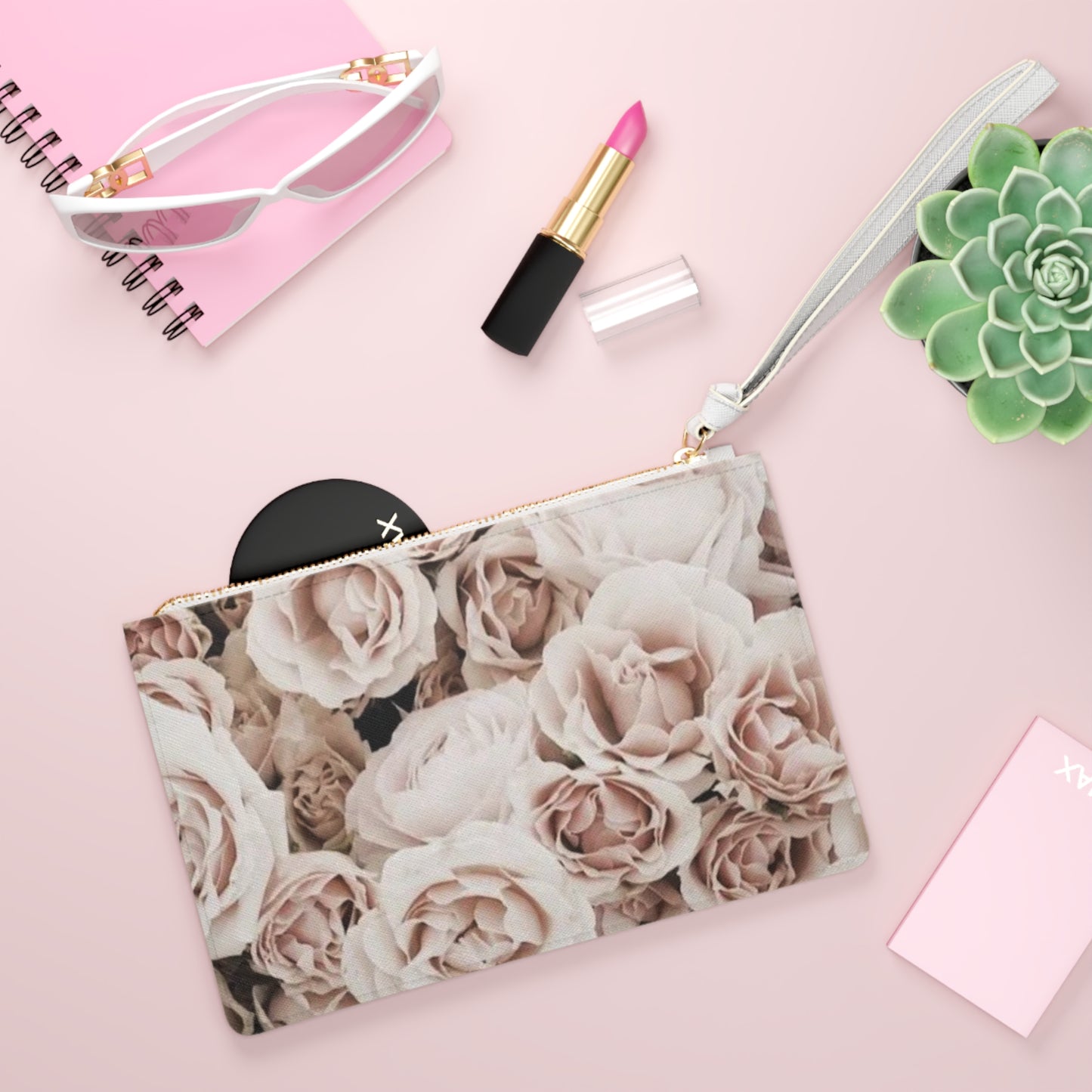 Light Pink Roses Floral Leather Clutch Bag for Women