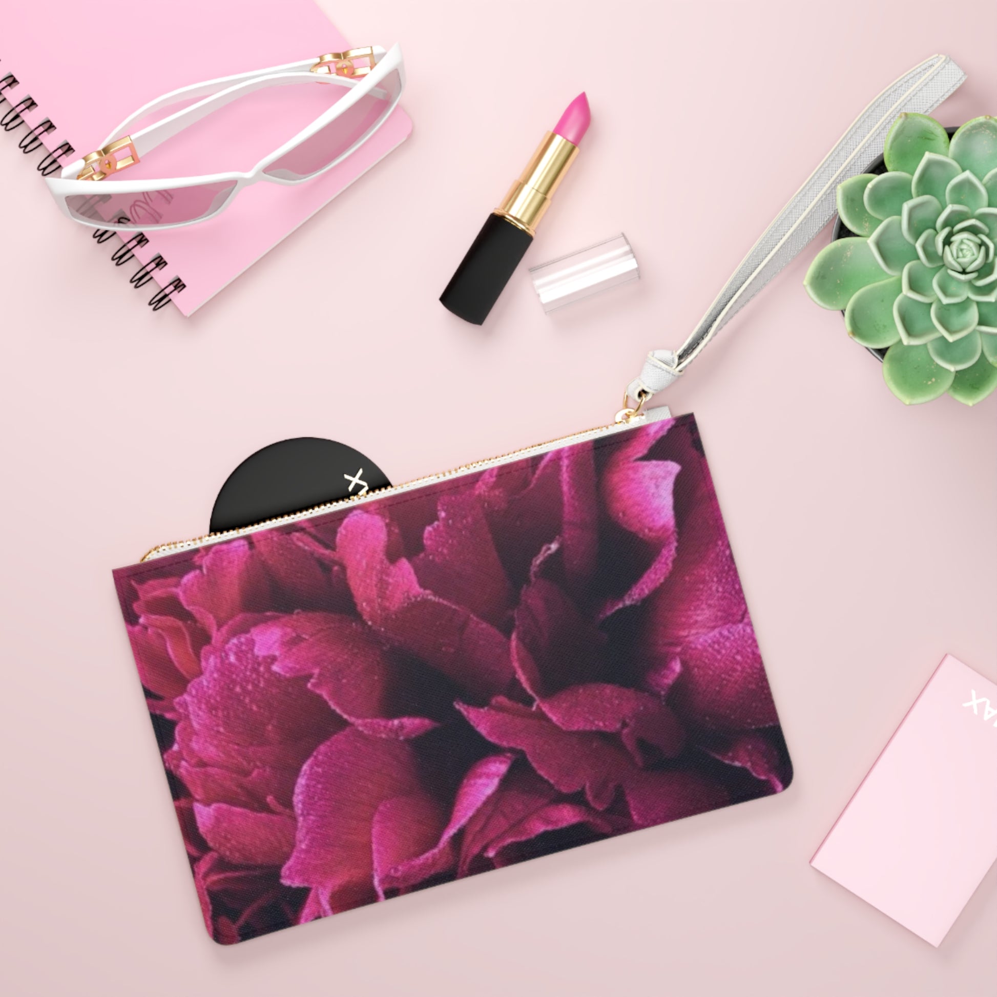 Magenta Floral Leather Clutch Bag for Women