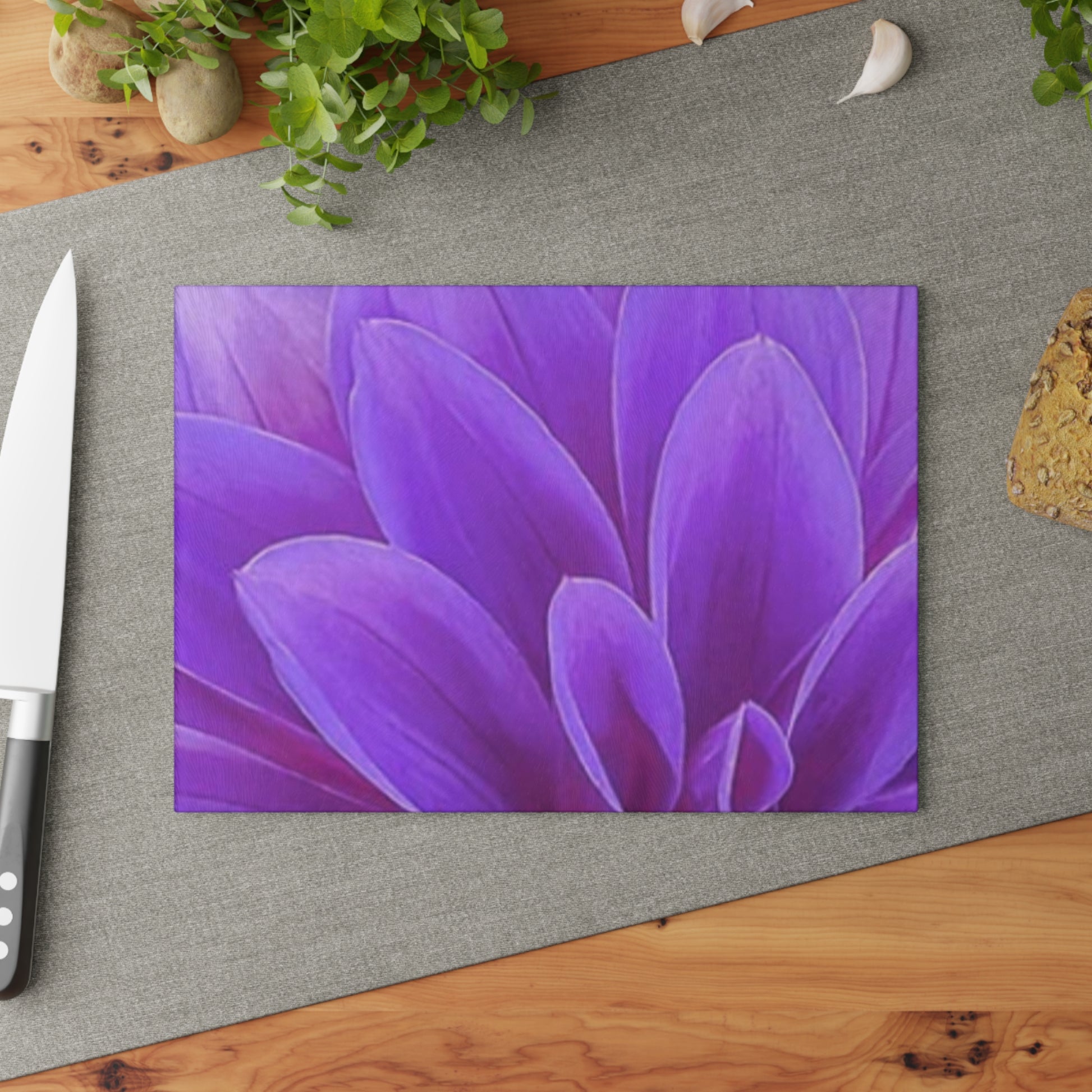 Purple Dahlia Floral Glass Cutting Board – Vibrant & Durable