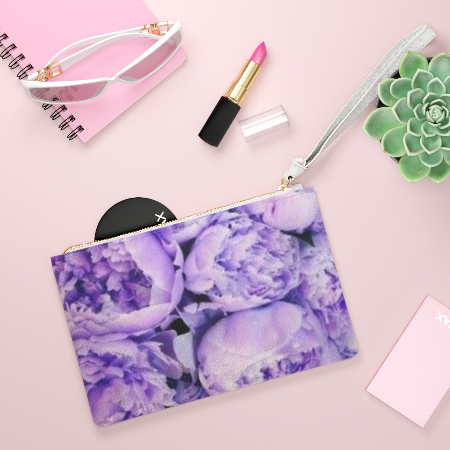 Purple Peony Floral Leather Clutch Bag for Women