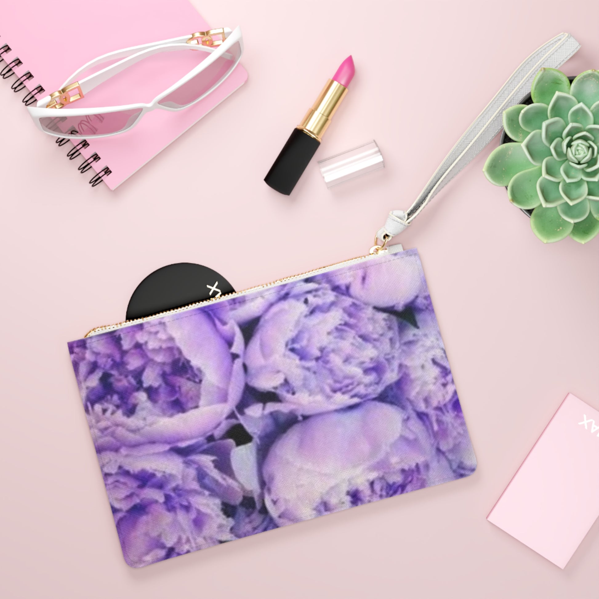 Purple Peony Floral Leather Clutch Bag for Women