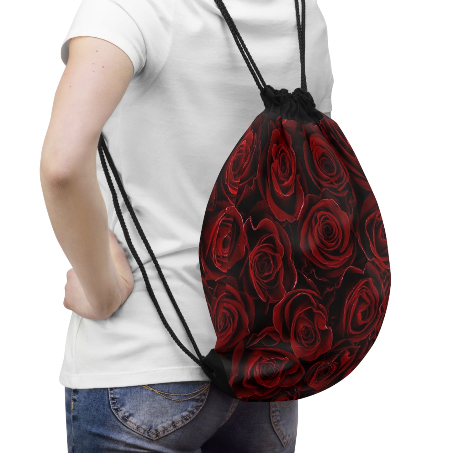 Red Roses Floral Drawstring Bag