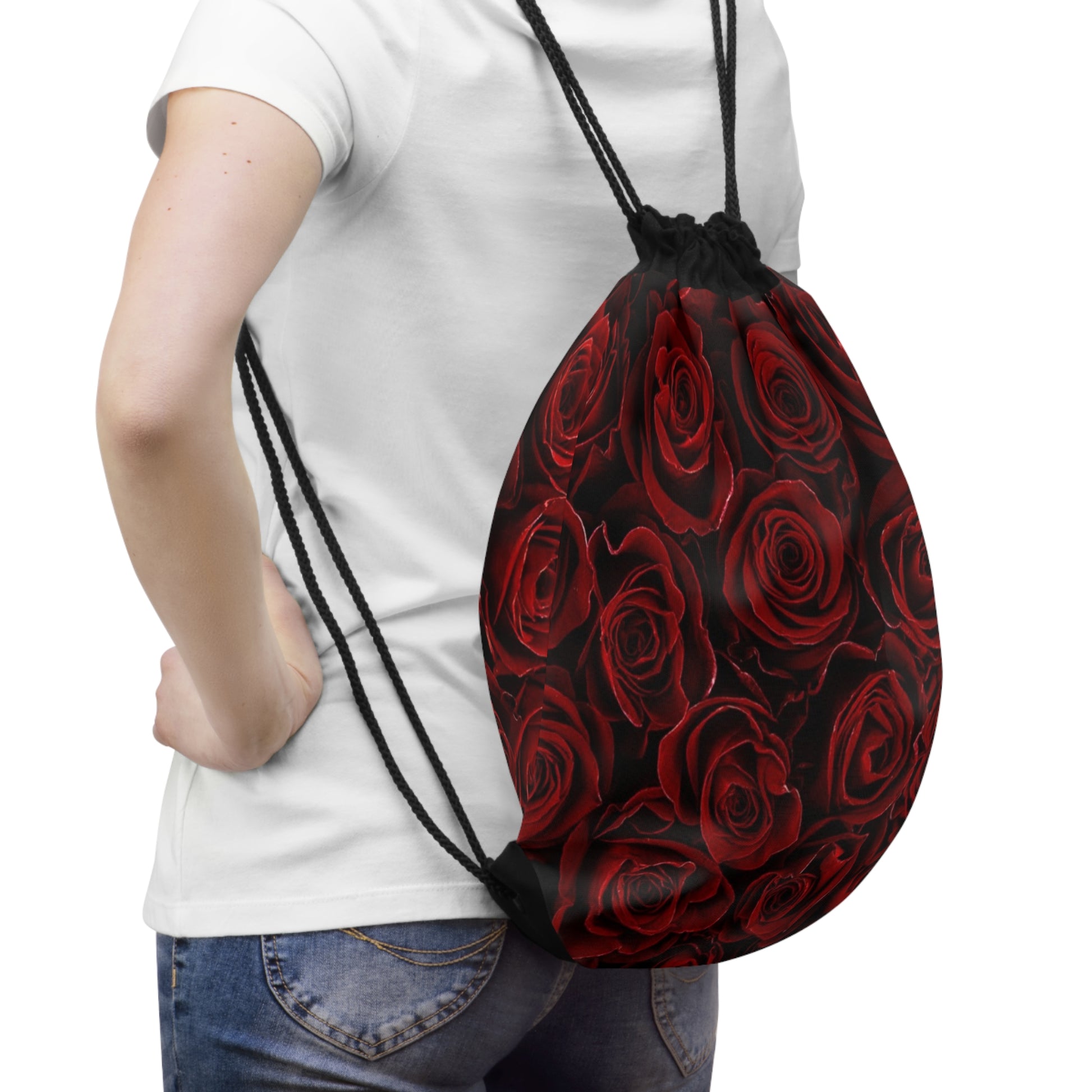 Red Roses Floral Drawstring Bag