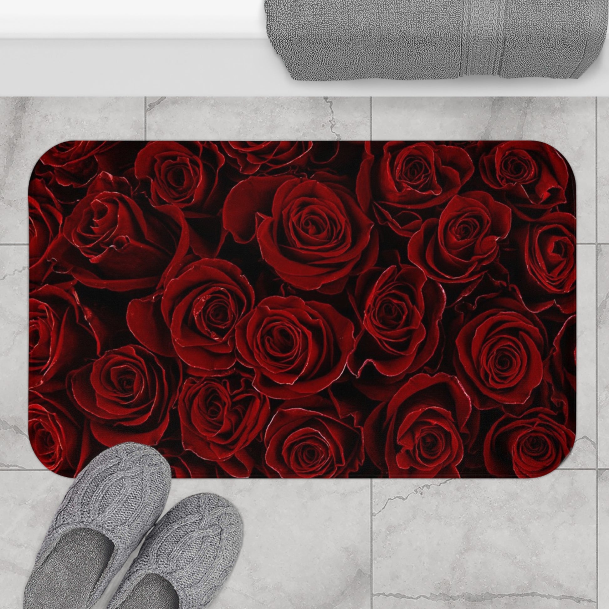 Red Roses Floral Bath Mat Anti Slipping