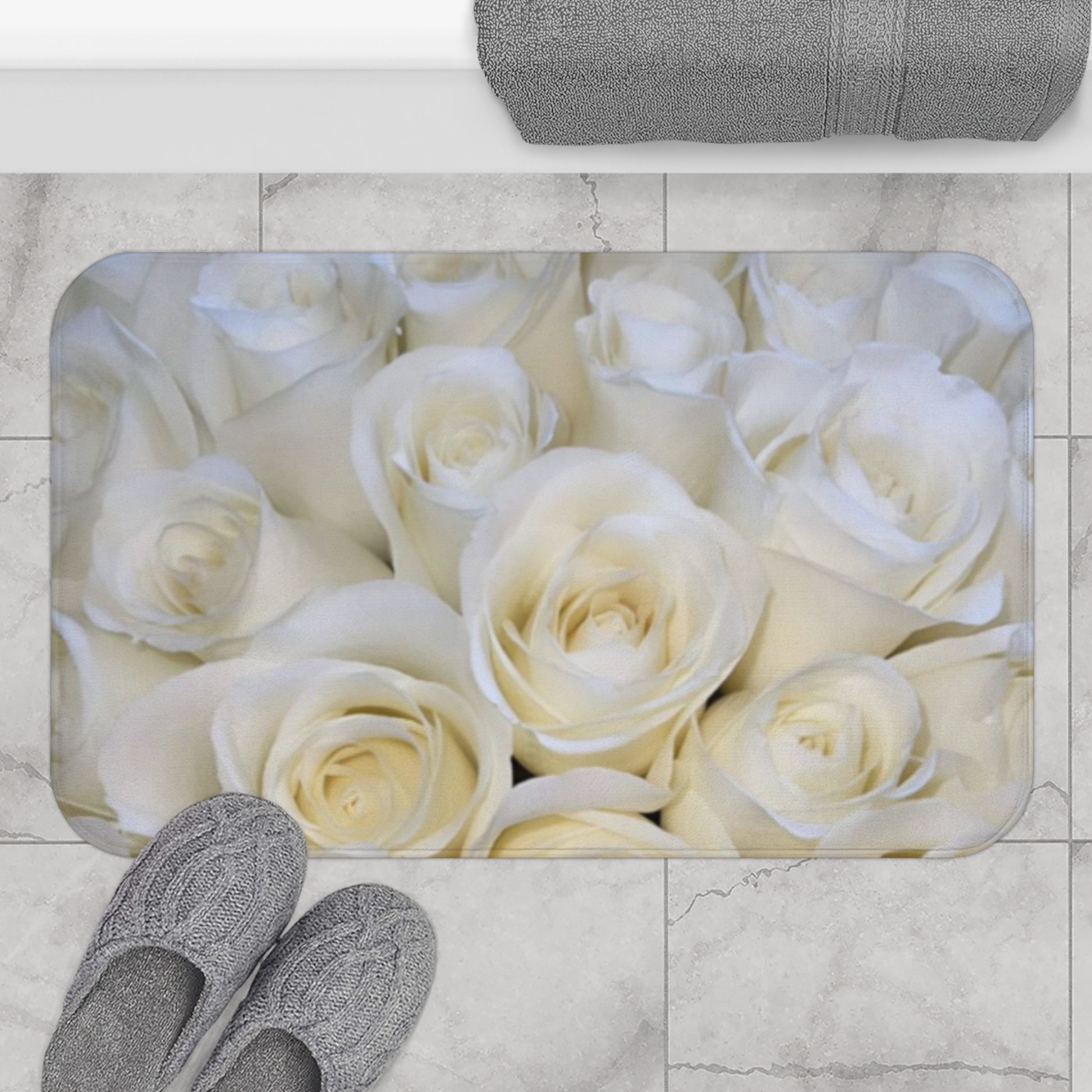 White Roses Floral Bath Mat Anti Slipping