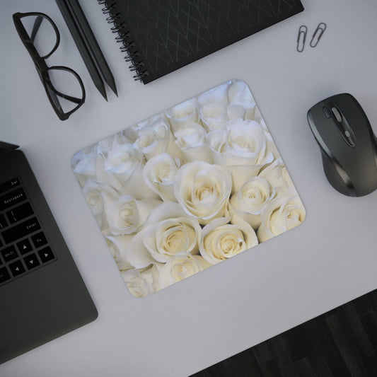 White Roses Floral Desk Mouse Pad – Minimalist Floral Pad for Office or Study
