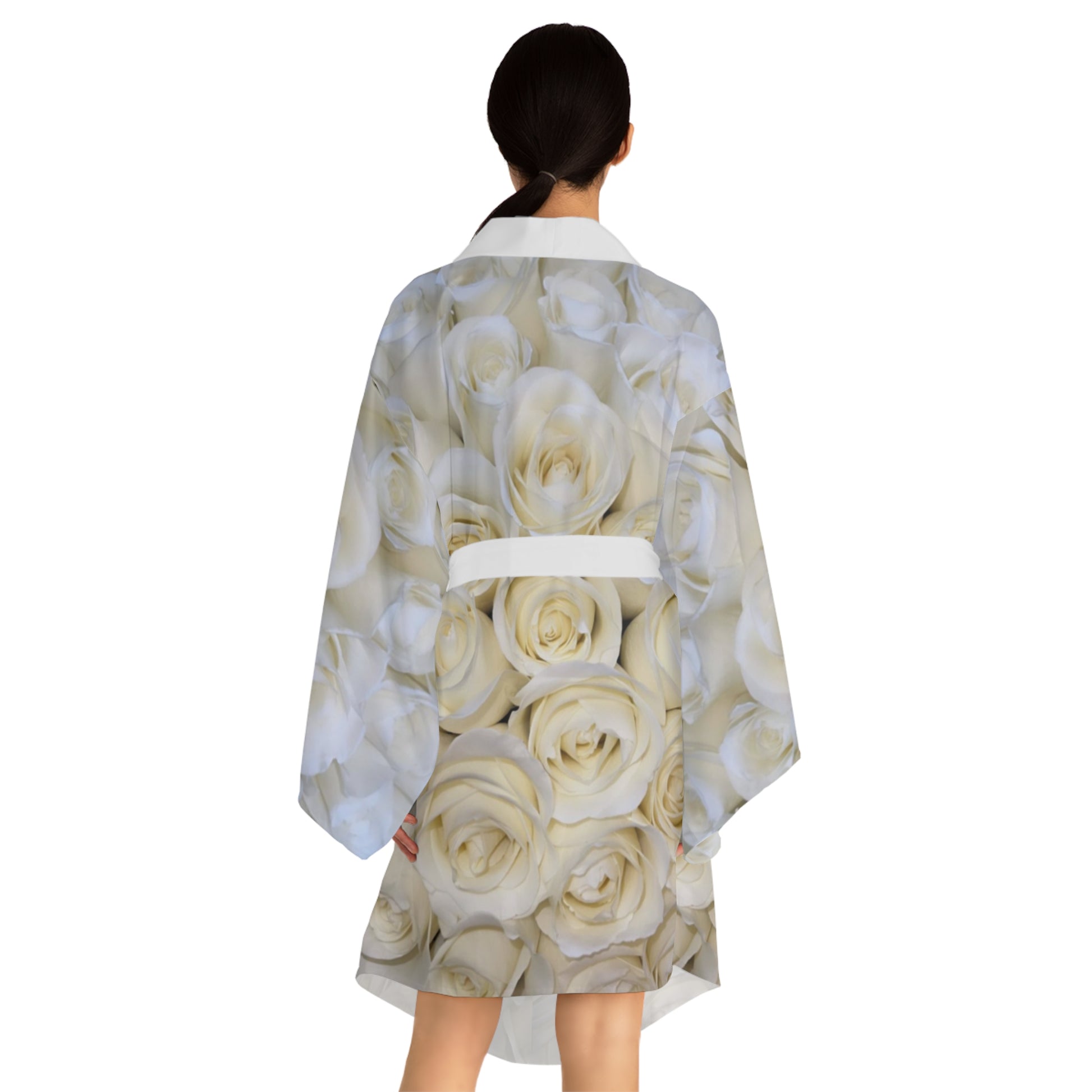 White Roses Floral Japanese Style Kimono Robe