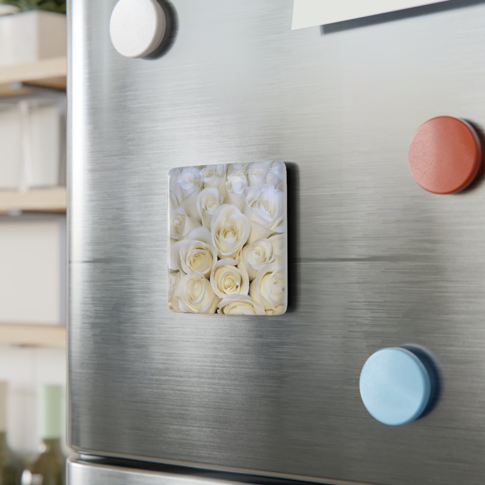 White Roses Floral Square Magnet – Floral Square Magnets