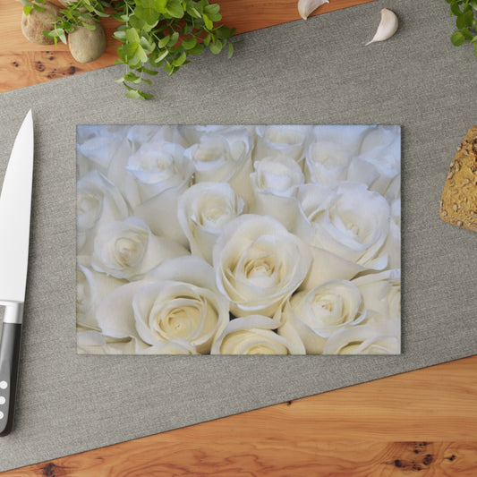 White Roses Glass Cutting Board – Classy Floral Kitchen Accent