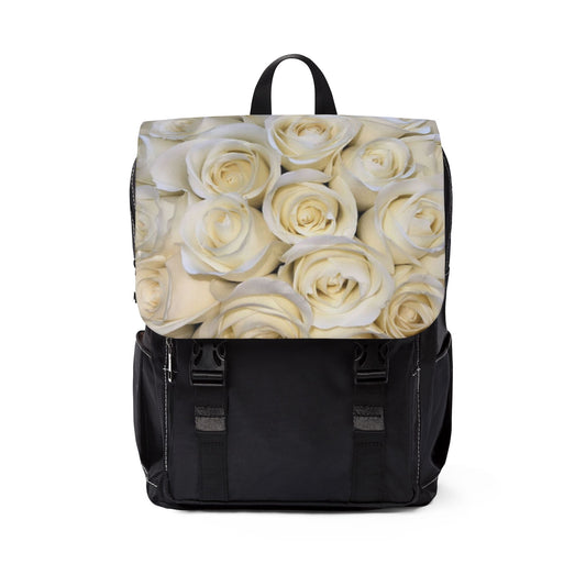 White Roses Unisex Floral Flap Backpack – Stylish & Versatile