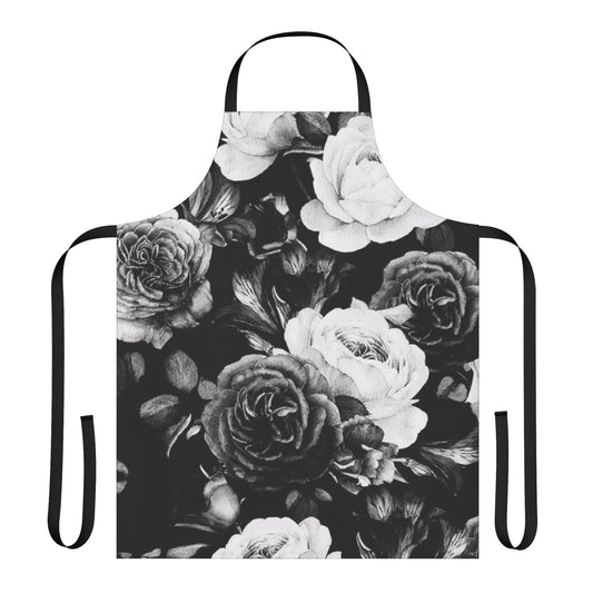 cute floral apron with black and white flower pattern for kitchen use